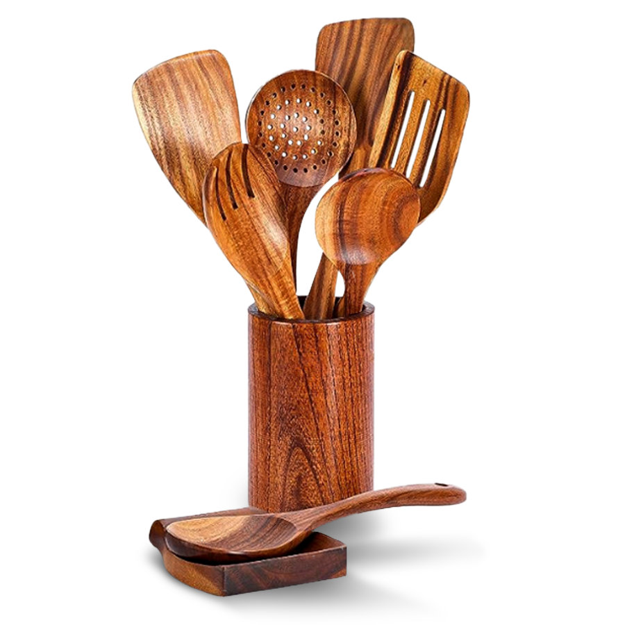 9 Piece Wooden Kitchen Utensils Set with Holder and Spoon Rest